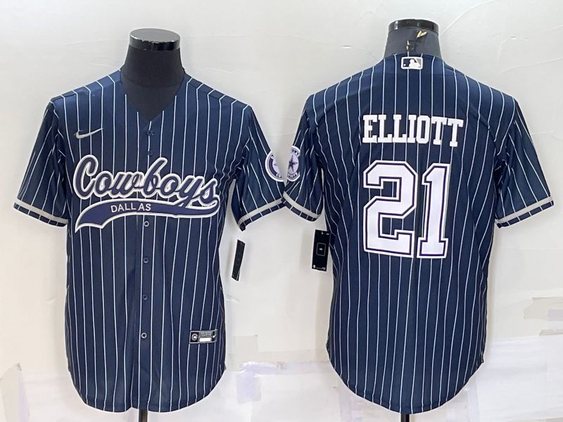 Men Dallas Cowboys 21 Elliott Blue stripe 2022 Nike Co branded NFL Jersey